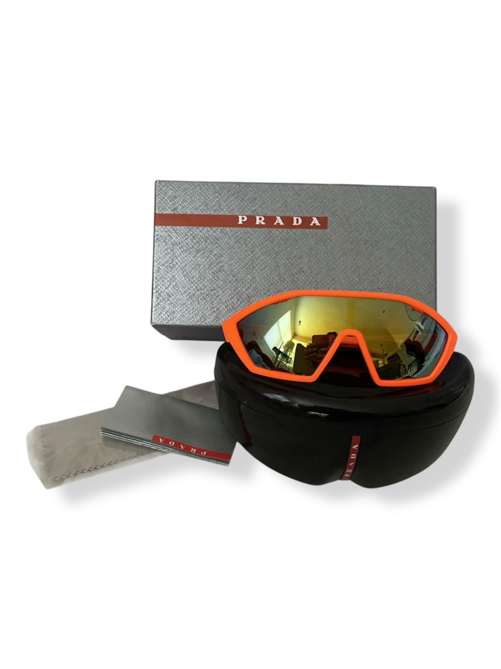 Prada Linea Rossa SPS 16U Shield Sunglasses Neon Orange Mirror Lens w/ Box Case
